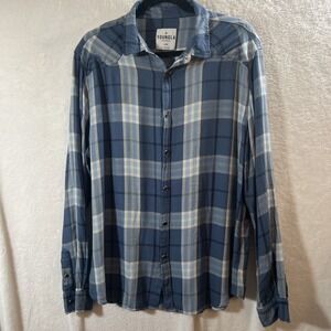 YoungLa Men's Sz M Long Sleeve Pearl Snap Western Lightweight Flannel Blue Plaid